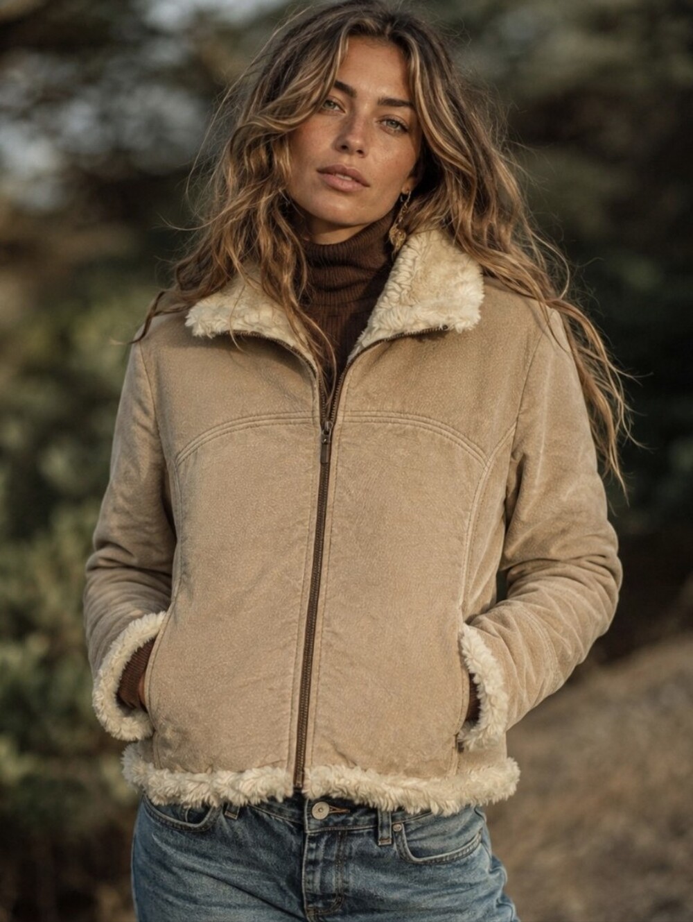 Vtg Static Suede Leather Jacket Tan Faux Fur Trim Penny Lane Y2K Boho Sz Large